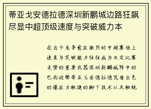 蒂亚戈安德拉德深圳新鹏城边路狂飙尽显中超顶级速度与突破威力本 蒂亚戈安德拉德深圳新鹏城边路狂飙尽显中超顶级速度与突破威力本